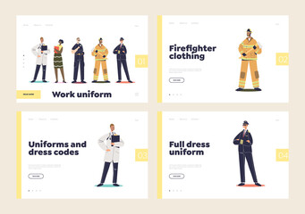 Landing pages with professional uniforms for pilot, fireman, doctor and police officer
