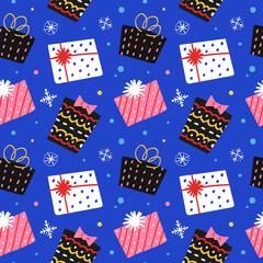 Obraz premium Christmas gifts pattern, gift boxes with xmas ornaments, background for greeting or invitation card, hand drawn cartoon illustration, seamless vector pattern, festive wrapping paper design