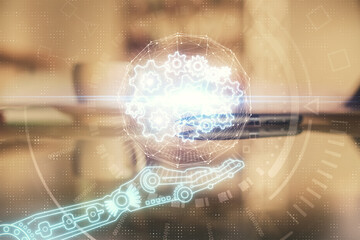 Double exposure of Ai data theme drawing over coffee cup background in office.