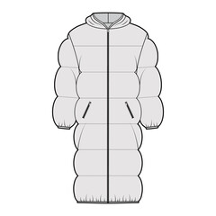 Down puffer coat jacket technical fashion illustration with long sleeves, hoody collar, zip-up closure, knee length, wide quilting. Flat template front, grey color style. Women, unisex top CAD mockup