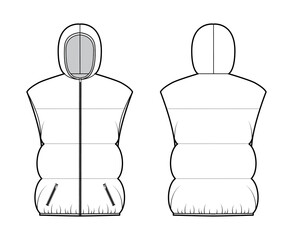 Down vest puffer waistcoat technical fashion illustration with hoody collar, zip-up closure, pockets, hip length, wide quilting. Flat template front, back, white color style. Women, men top CAD mockup © Vectoressa