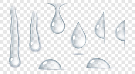 Realistic pure droplets of clear fresh water drop, rain. Set of liquid bubbles on transparent