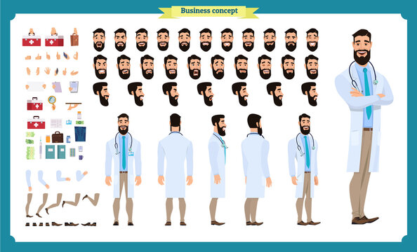 Front, side, back view animated character. Doctor character creation set with various views, face emotions, poses and gestures. Cartoon style, flat vector illustration.Isolated on white.Male doctor