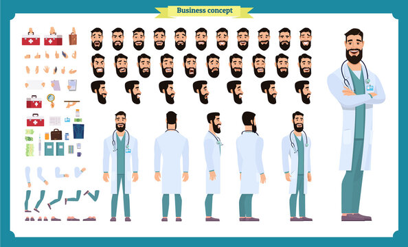 Front, side, back view animated character. Doctor character creation set with various views, face emotions, poses and gestures. Cartoon style, flat vector illustration.Isolated on white.Male doctor