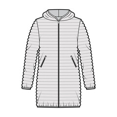 Down puffer coat jacket technical fashion illustration with long sleeves, hoody collar, pockets, oversized, hip length, narrow quilting. Flat template front, grey color style. Women men top CAD mockup