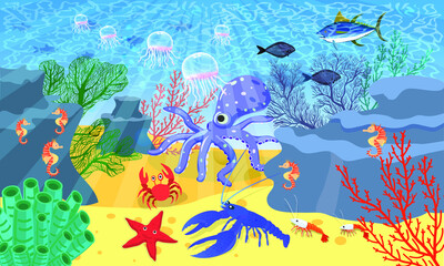 Undersea world. Marine animals, octopus shrimp, blue lobster, seahorses, crab. Print for children underwater.