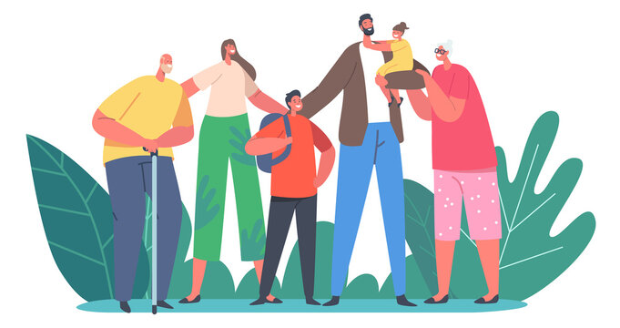 Happy Family Concept. Parents, Grandparents and Children Characters, Holding Hands, Embrace and Smiling, Generation