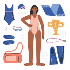 Synchronized swimming equipment guide. Isolated flat vector illustration with woman in swimsuit and necessary equipment such as goggles, nose clip, swimming slipper etc. Artistic swimming concept