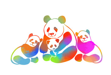 The panda family. Mom and baby multicolored panda. Vector illustration
