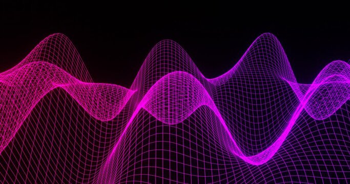 Neon mesh waves in dark space. Purple 3d render streams of sound and sea energy. Digital mountains in dynamic motion with glowing wavy eweb effect