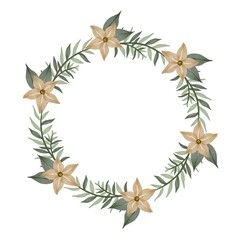 circle frame with cream star flower and green leaf border for greeting and wedding card
