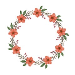 orange wreath, circle frame with orange flowers, branch and leaves border for greeting and wedding card