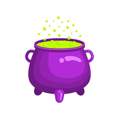 Purple witch cauldron with green bubbling liquid isolated on white background. Magic potion. Witchcraft equipment. Halloween design element. Vector cartoon illustration.
