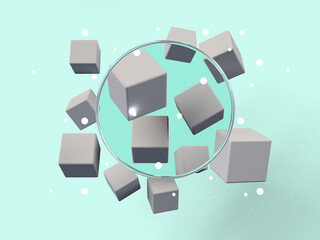 Fototapeta na wymiar 3D rendered block and sphere shapes on a green background floating on a circle. Illustration of structured data, circle processes, or conceptual visualization.