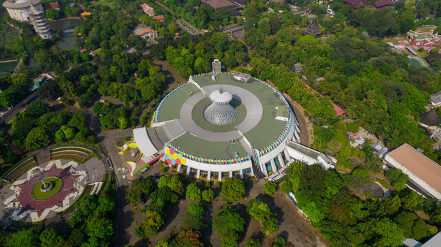 Aerial view of Taman Mini Indonesia Indah as National Landmark in Indonesia with noise cloud. Jakarta, Indonesia