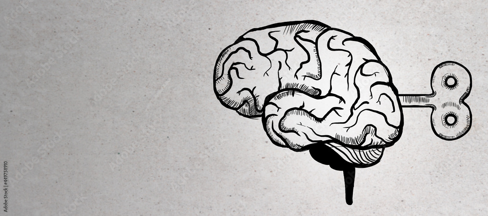 Poster Abstract brain sketch with wind-up mechanism on concrete wall background with mockup place. Intelligence, strategy, knowledge, psychology and solution concept.