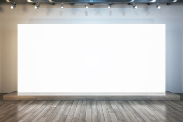 Illuminated empty white poster in interior with wooden flooring and mock up place for your...