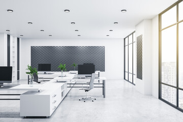 Modern bright coworking office interior with window and city view, daylight, furniture and equipment. 3D Rendering.