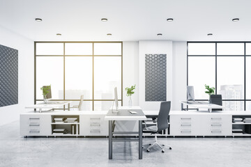 Clean bright coworking office interior with window and city view, daylight, furniture and equipment. 3D Rendering.