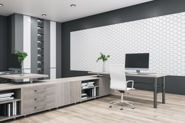 Modern bright coworking office interior with wooden flooring, daylight, furniture and equipment. 3D Rendering.