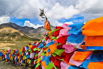 tibetan prayer flags in Zheduo mountain Sichuan China