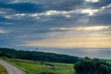 Green coast of Cantabria, northern Spain, at sunset