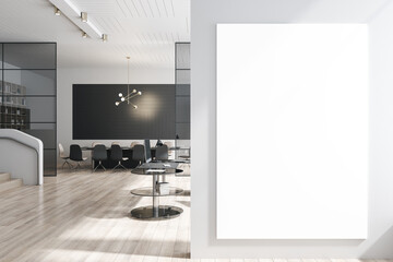 Modern meeting room interior with large table, wooden flooring, equipment, glass windows and sunlight. 3D Rendering.