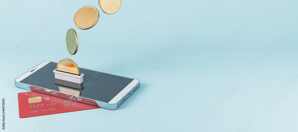 Poster Creative image of smartphone with credit card and abstract coins on blue background with mock up place for your advertisement. Cash back and digital banking concept. 3D Rendering.