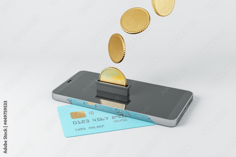 Poster creative image of smartphone with credit card and abstract coins on white background. cash back and 