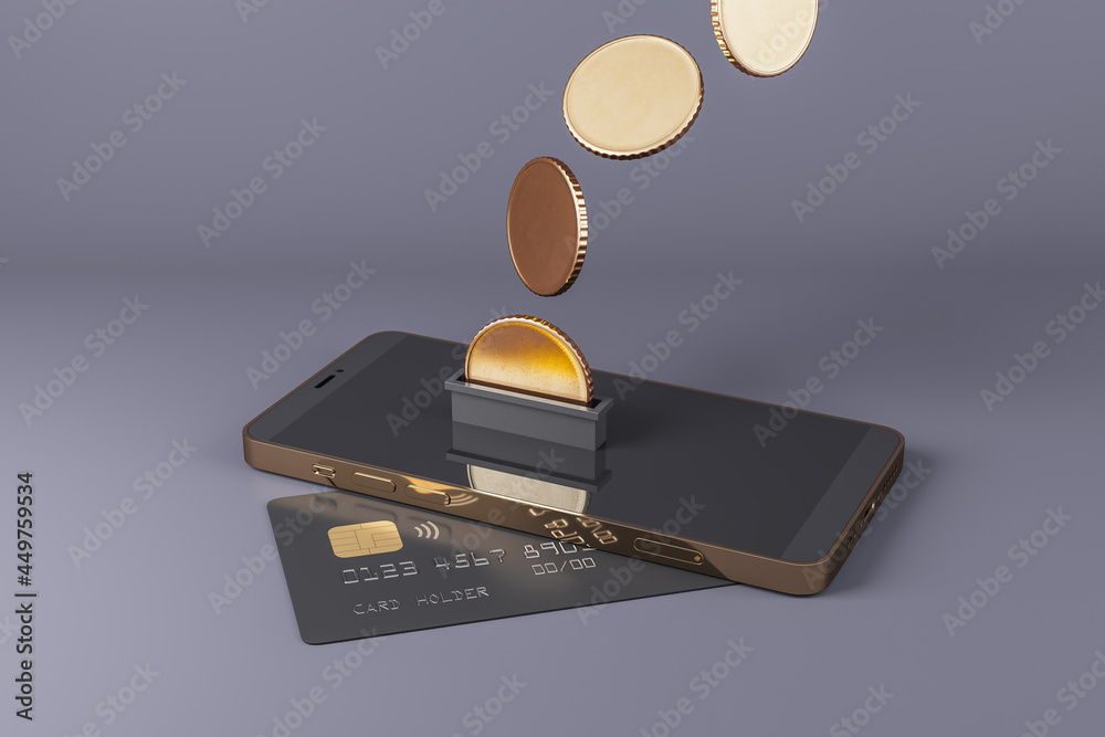 Aufkleber creative image of smartphone with credit card and abstract coins on grey background. cash back and d