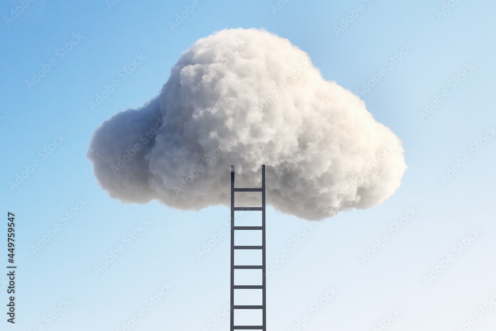 Poster ladder leading to cloud on blue sky background. up and success concept. 3d rendering.