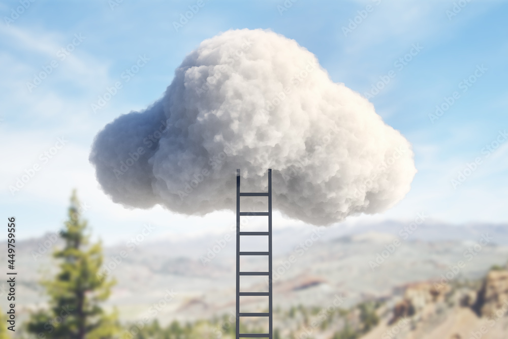 Poster ladder leading to cloud on beautiful landscape background. up and success concept. 3d rendering.