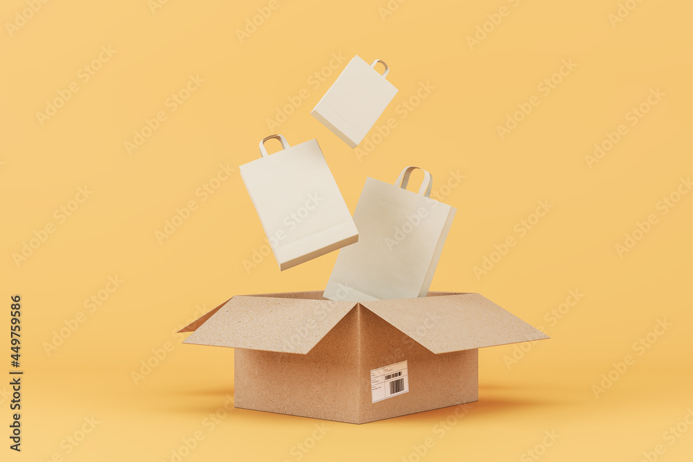 Poster carton box with shopping bags on peach background. delivery service concept. 3d rendering.