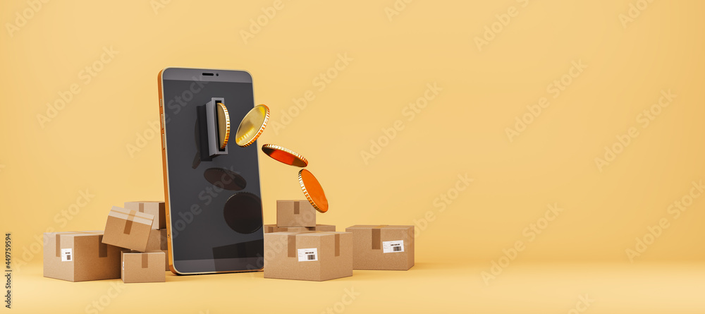 Poster smartphone with coins, carton boxes and shopping bags on peach background with mock up place for you