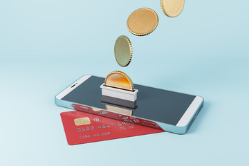 Creative image of smartphone with credit card and abstract coins on blue background. Cash back and digital banking concept. 3D Rendering.