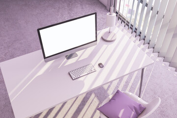 Top view of pink office workplace with blank white computer screen and other items. Mock up, 3D Rendering.