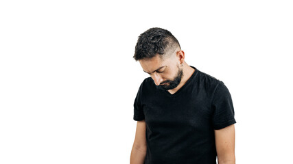 Fototapeta premium man in black shirt making sad gesture on white background