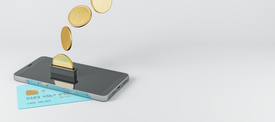 Creative image of smartphone with credit card and abstract coins on white background with mock up...