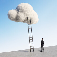 Businessman looking at ladder leading to cloud on blue sky background. Up and success concept. - obrazy, fototapety, plakaty