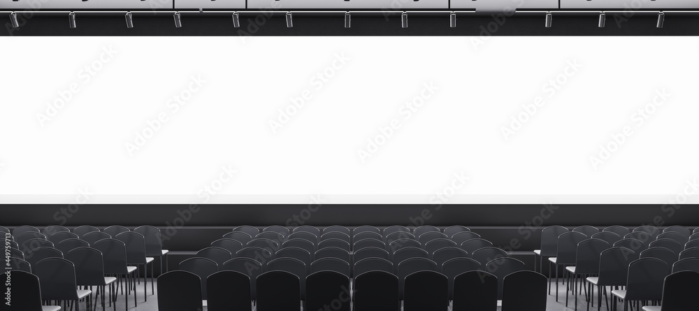 Poster Wide grey auditorium with seating and empty screen with mock up place for your advertisement. Show premiere and entertainment concept. 3D Rendering.