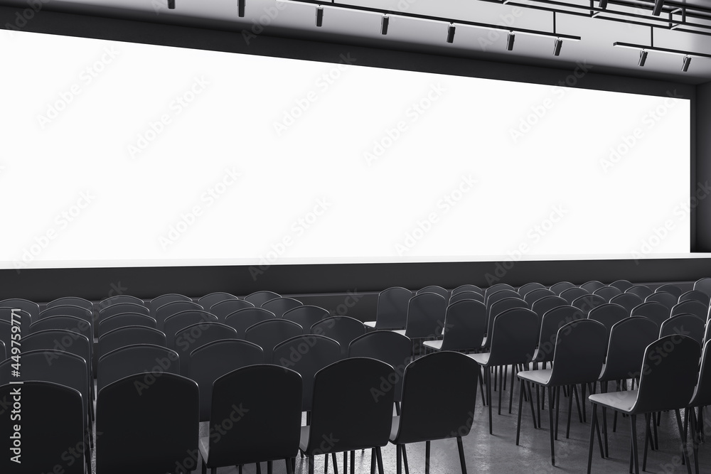 Aufkleber Contemporary grey auditorium with seating and empty screen with mock up place for your advertisement. Show premiere and entertainment concept. 3D Rendering.
