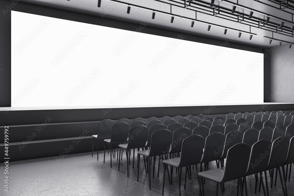 Poster New grey auditorium with seating and empty screen with mock up place for your advertisement. Show premiere and entertainment concept. 3D Rendering.
