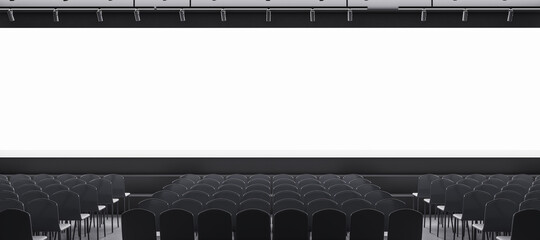 Wide grey auditorium with seating and empty screen with mock up place for your advertisement. Show...