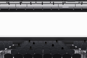 People in modern grey auditorium with seating and empty screen with mock up place for your advertisement. Show premiere and entertainment concept.