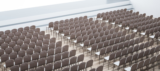 Top view of seats in light grey auditorium interior. Public arrangement concept. 3D Rendering.