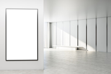 Modern bright concrete interior with empty white mock up poster on wall, bench and window with city view. Gallery concept. 3D Rendering.