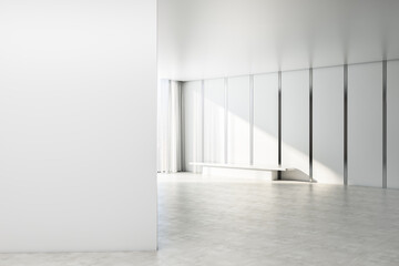 Modern bright concrete interior with empty mock up place on wall, bench and window with city view....