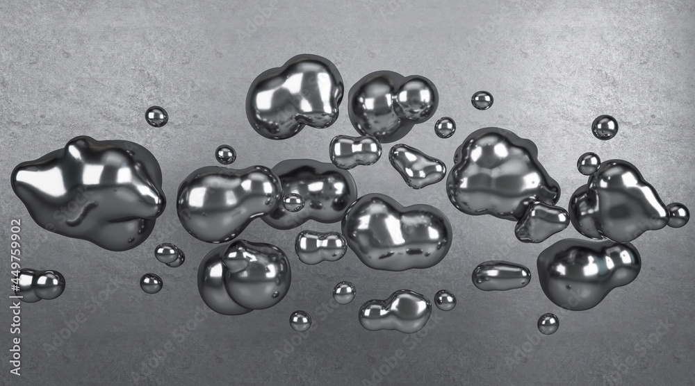 Poster abstract silver bubbles on concrete wall background. design and exhibition concept. 3d rendering.