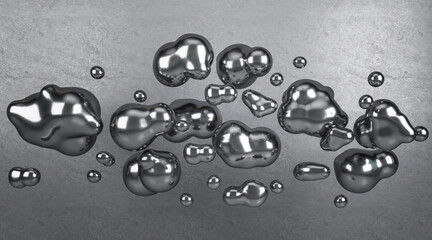 Abstract silver bubbles on concrete wall background. Design and exhibition concept. 3D Rendering.