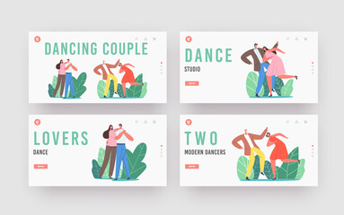 Couple Dancing Landing Page Template Set. Men and Women Characters Active Sparetime, Lifestyle, Lovers or Friends Dance